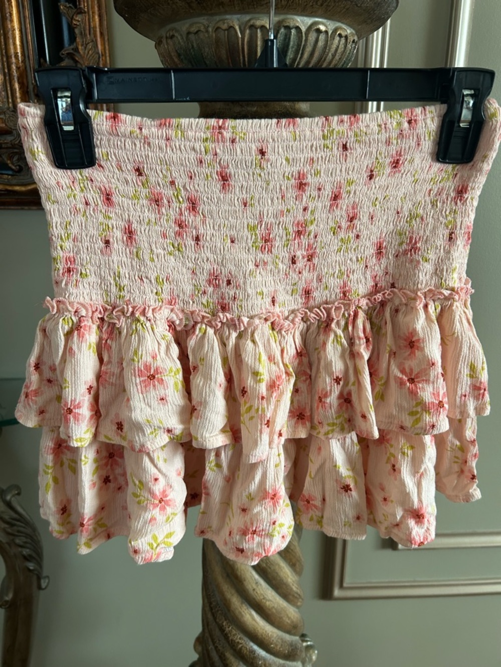 Sky to Moon Pink Floral Smocked Tiered Ruffle Mini Skirt Size Large - Picture 2 of 4
